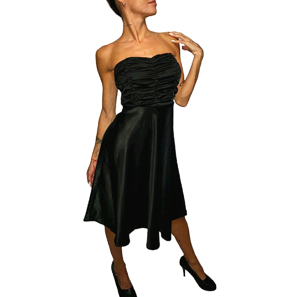 Black Satin Elegant Strapless Dress Cocktail Evening Bussiness Casual Party Sexy